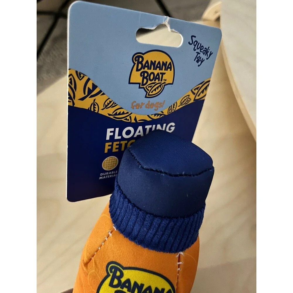 New Banana Boat  Fake Sunscreen Bottle Floating Fetch Squeaky Dog Toy Summer